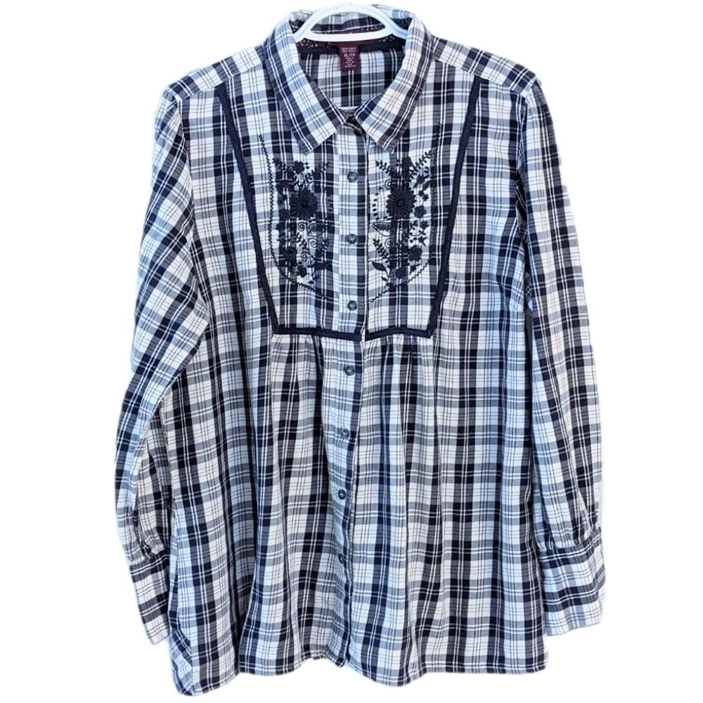 GLORIA Vanderbilt plaid embroidered boho cotton shirt size XL @R
